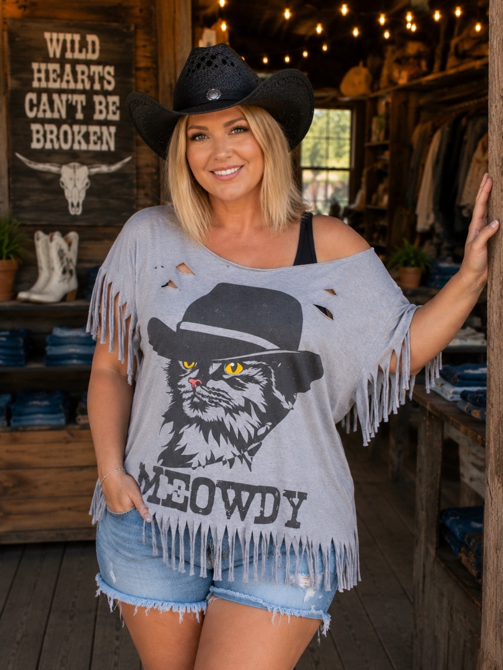 EUC Meowdy Cowboy Cat Distressed Fringe Tee Western Country Top Unisex XL